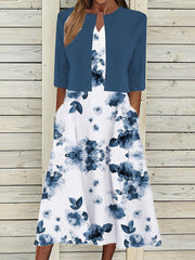 Women's Two-Piece Midi Dress Floral Short Sleeve Comfy Casual Coat With Skirt