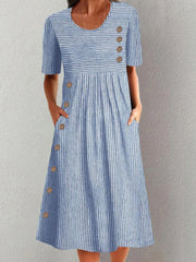 Women's Striped Crew Neck Short Sleeve Comfy Casual Buckle Midi Dress