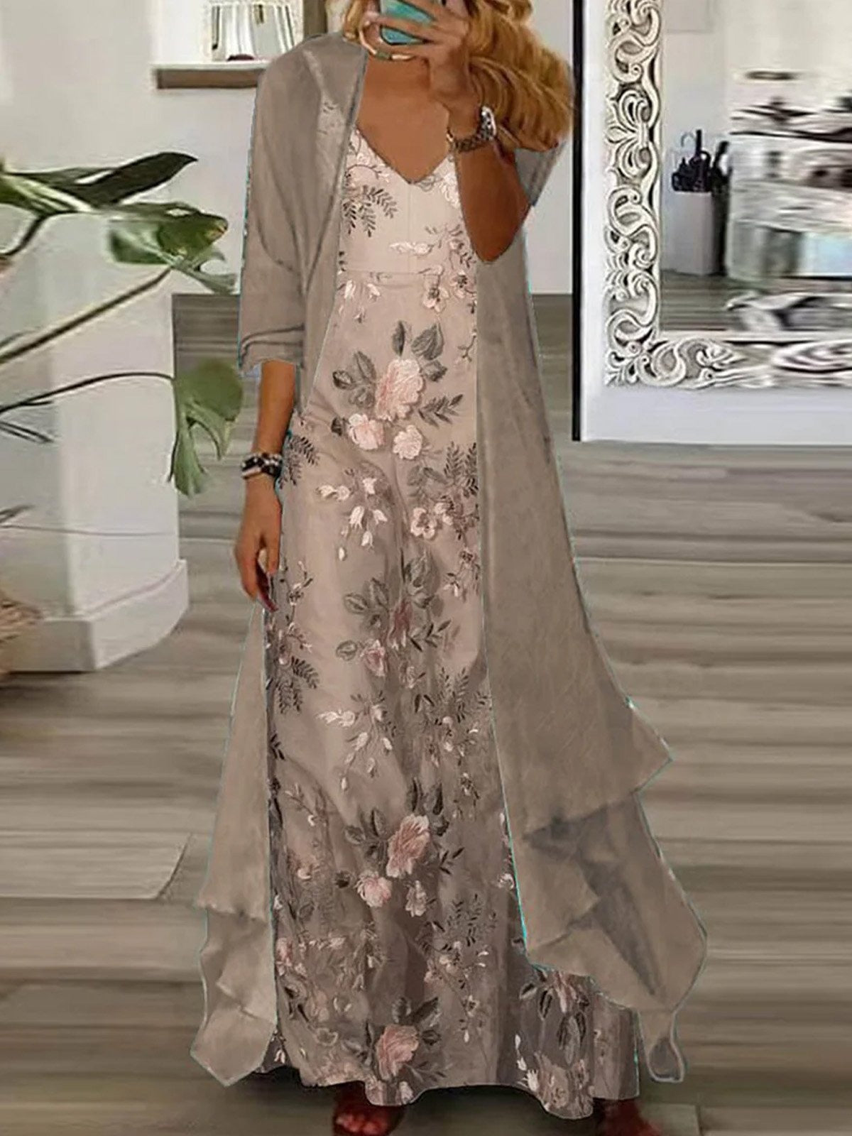 Women's Floral V Neck Three Quarter Sleeve Comfy Casual Coat With Skirt Two-Piece Set