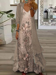 Women's Floral V Neck Three Quarter Sleeve Comfy Casual Coat With Skirt Two-Piece Set