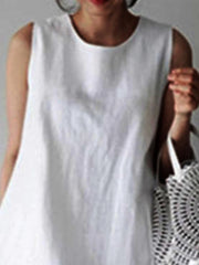 Women's White Cotton Casual Plain Sleeveless Maxi Dress