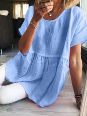 Women's Casual Loose Crew Neck Solid Cotton Short Sleeve Tunic Blouse
