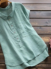 Solid Shift Casual Shirt Collar Cotton Short Sleeves Blouse
