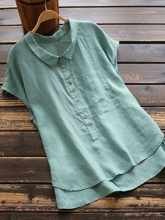 Solid Shift Casual Shirt Collar Cotton Short Sleeves Blouse