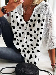 Polka Dots V Neck 3/4 Sleeves Casual Blouse