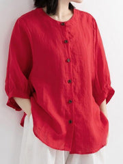 Crew Neck Three-Quarter Lantern Sleeve Plain Loose Shirt For Women