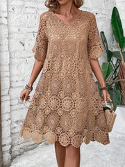 Women's Plain Crew Neck Short Sleeve Comfy Casual Lace Short Dress