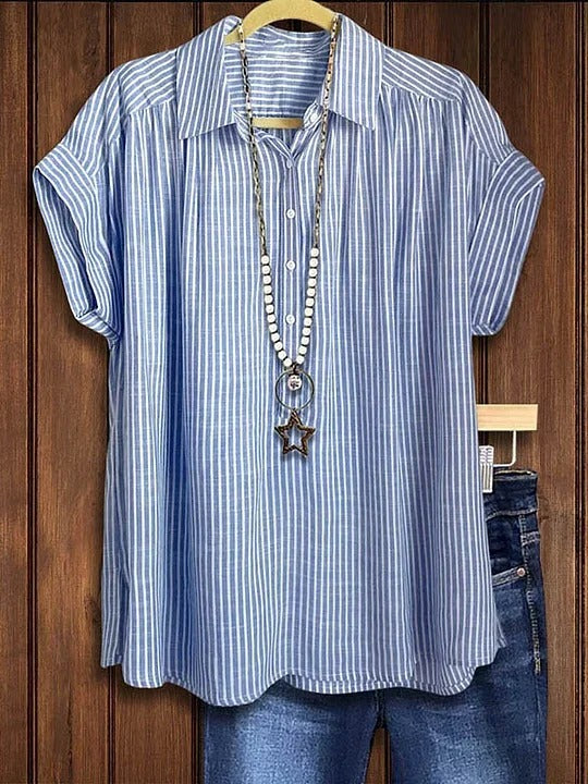 Striped Linen Stand Collar Short Sleeve Blouse