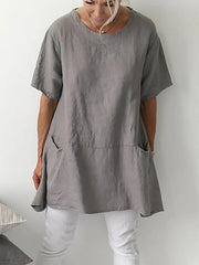 Solid Short Sleeve Crew Neck Pockets Shirt