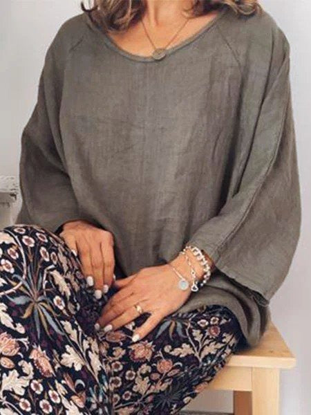 Plain Casual O Neck Long Sleeve Blouse