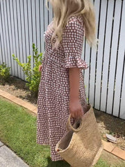 Women's Polka Dots Crew Neck Half Sleeve Comfy Casual Midi Dress