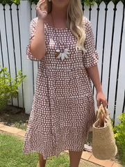 Women's Polka Dots Crew Neck Half Sleeve Comfy Casual Midi Dress