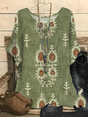 Women's Crew Neck Short Sleeve Ethnic Regular Loose Shirt