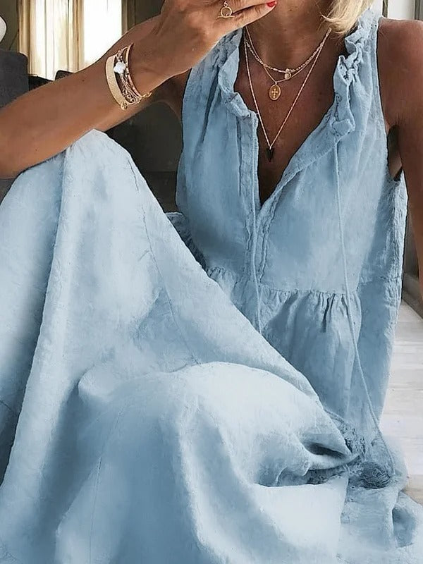 Solid Color V-neck Sleeveless Casual Jacquard Maxi Dress