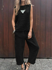 Plain Round Neck Sleeveless Casual Top With Pants Two-Piece Suits