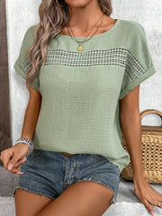 Green Crew Neck Short Sleeves Basic Blouse