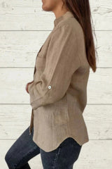 Plain Shawl Collar 3/4 Sleeves Cotton Loose Shirt
