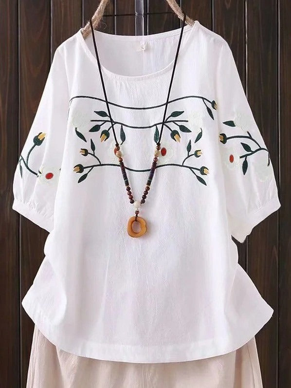 Cotton and Linen Casual Crew Neck Shirt with Embroidery Patterns