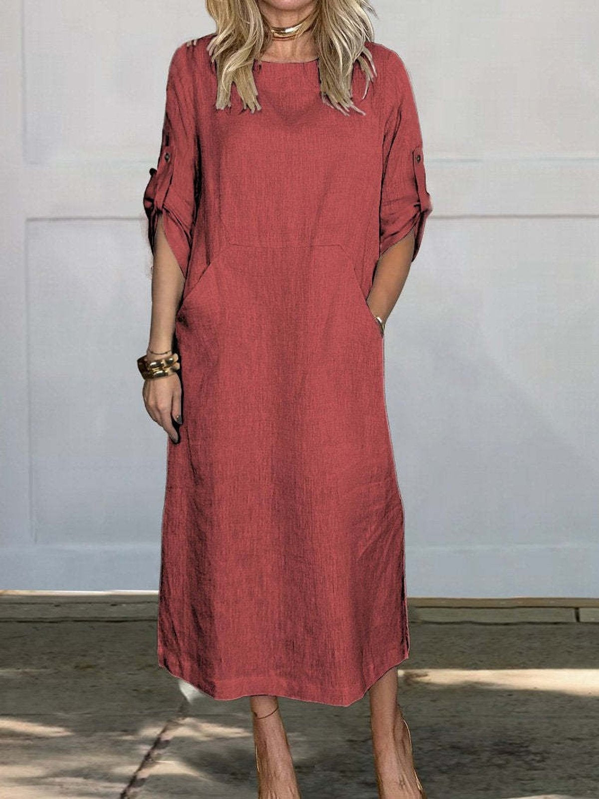 Loose Fit Plain Casual Crew Neck Dress