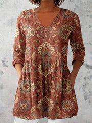 Vintage Ethnic Print 3/4 Sleeves V Neck Boho Blouse