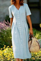 Casual Solid Color Cotton Linen Plain Midi Dress