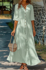 Half Sleeve Cotton Button Down Loose Elegant Dress