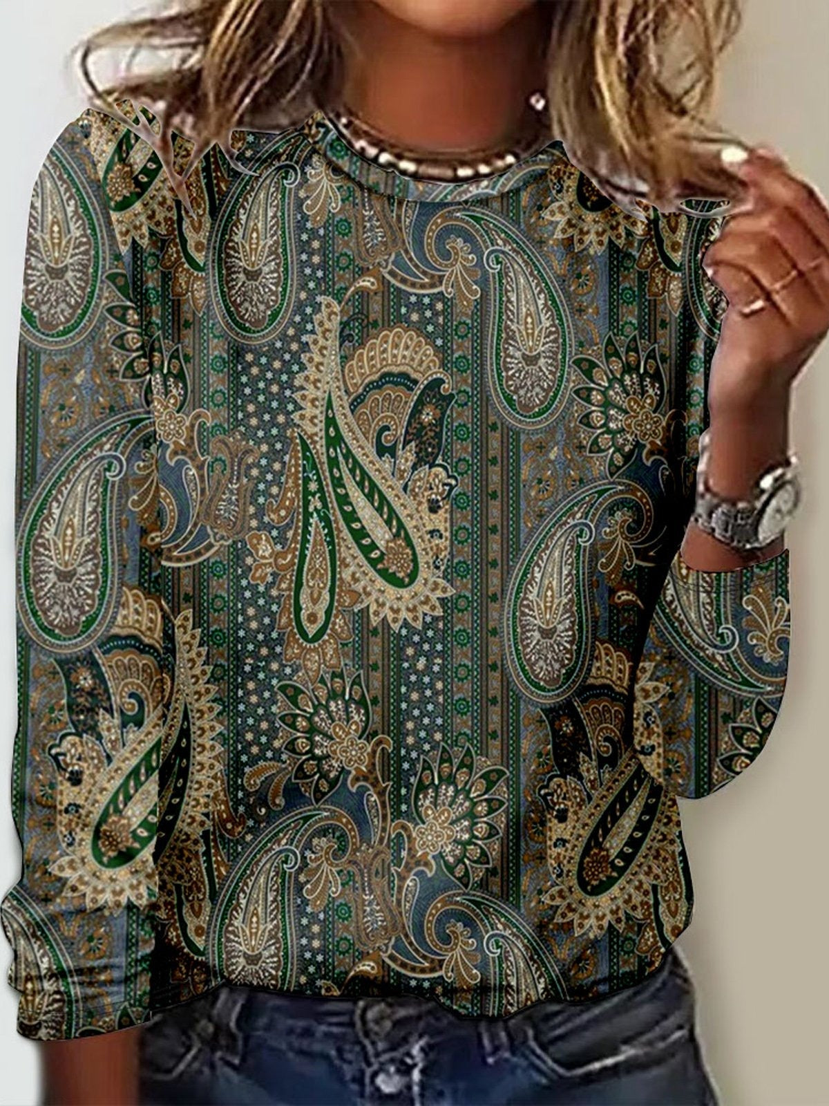 Vintage Ethnic Crew Neck Long Sleeve T-shirt