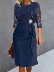 Plain V-neck 3/4 Sleeves Comfy Two Piece Midi Dress