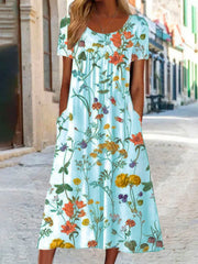Disty Floral Crew Neck Short Sleeve Loose Midi Dress