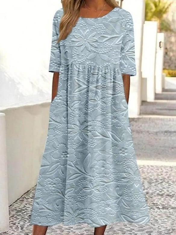 3D Floral Print Crew Neck Half Sleeve Comfy Vintage Maxi Dress Secondary image
