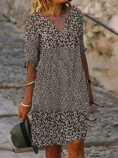 Floral V Neck Half Sleeve H-Line Casual Mini Dress