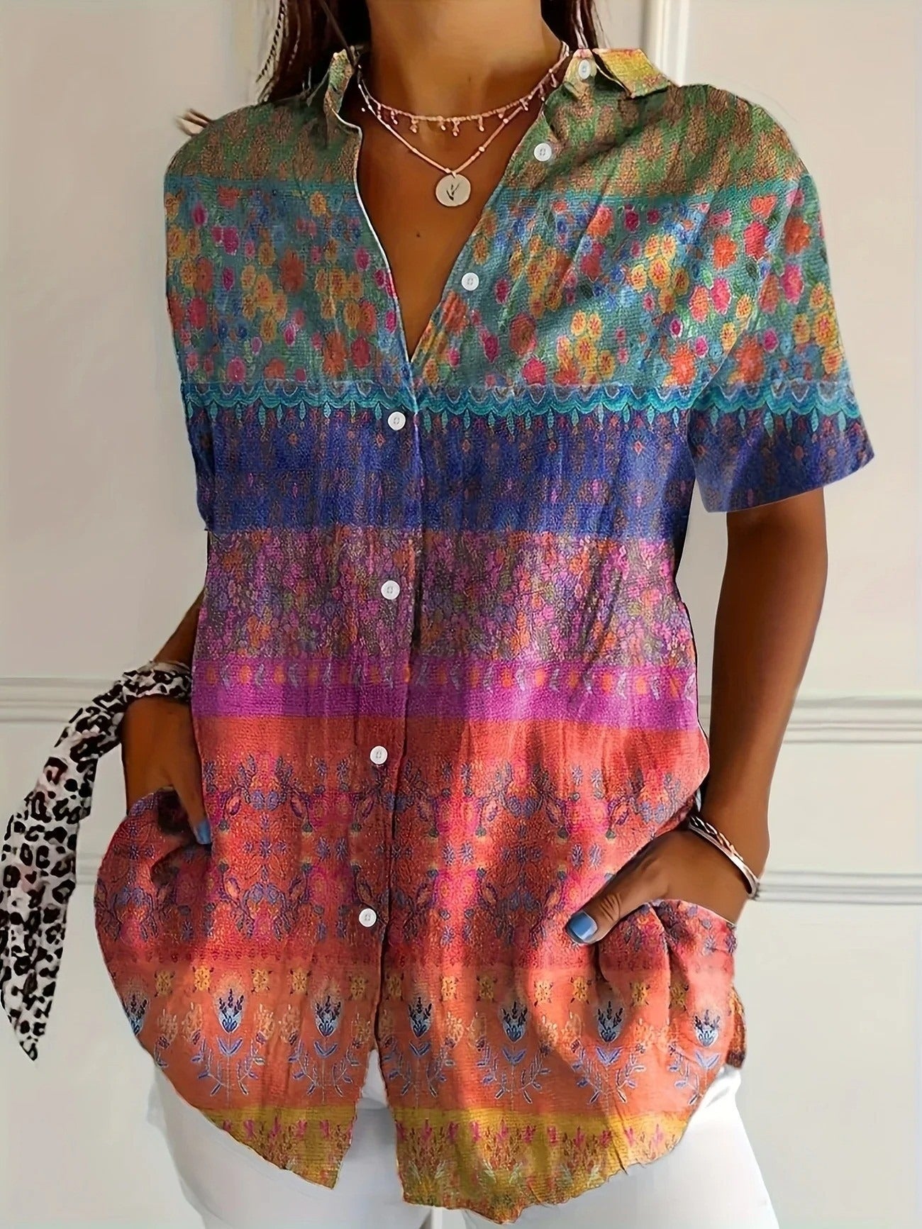 Abstract Floral Shirt Collar Short Sleeve Casual Comfy Shirt Main image