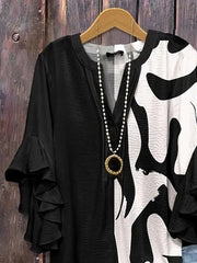 Abstract Pattern V-neck Frill Half Sleeve Loose Blouse