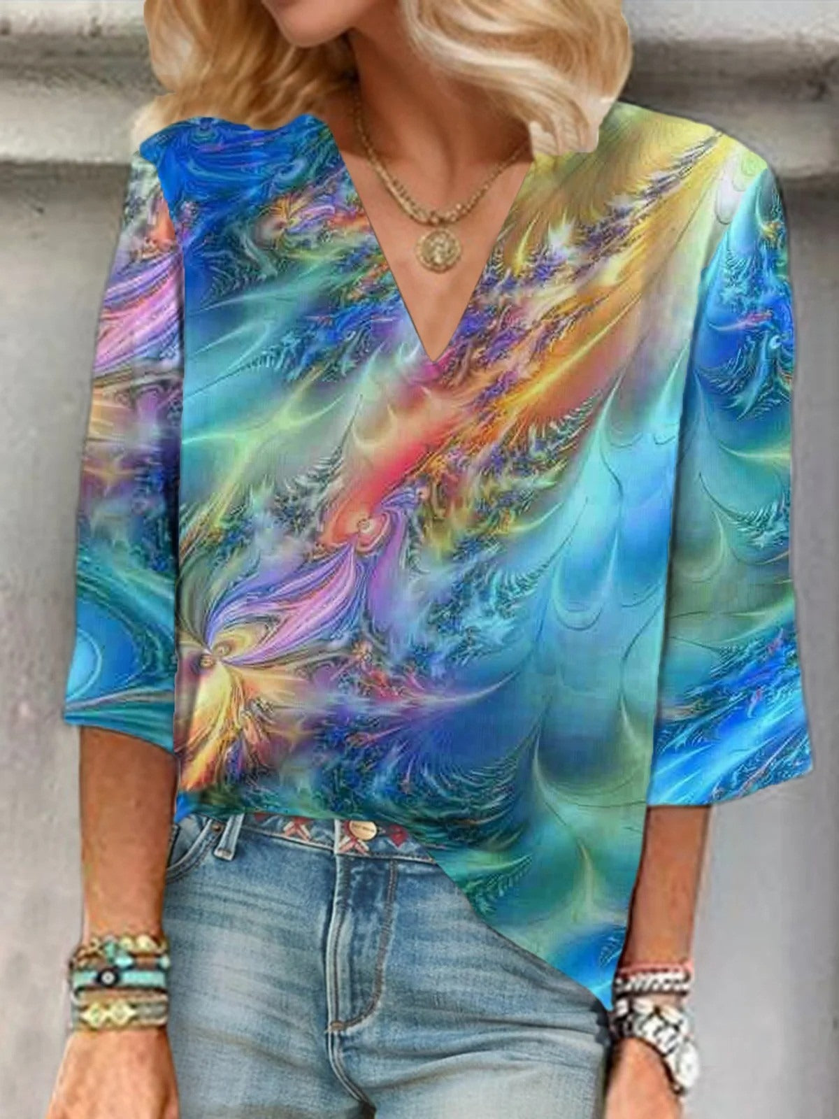 Abstract Gradient V-neck Three Quarter Sleeve Loose Blouse Main image