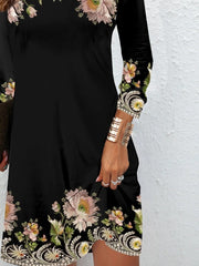 Floral Print Round Neck Long Sleeve Mini Dress