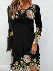 Floral Print Round Neck Long Sleeve Mini Dress