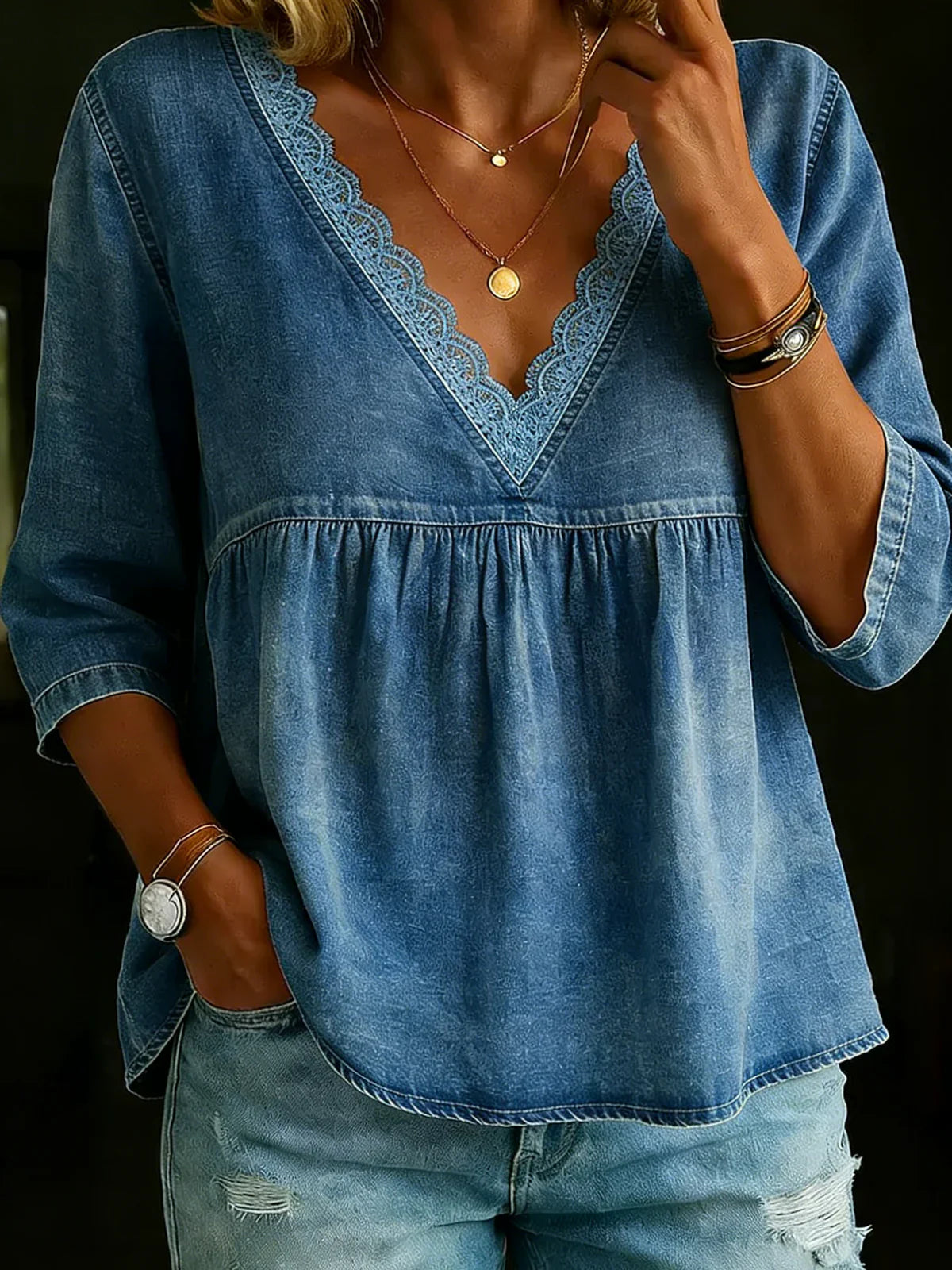3/4 Sleeves Lace Collar Denim Casual Shirt Secondary image