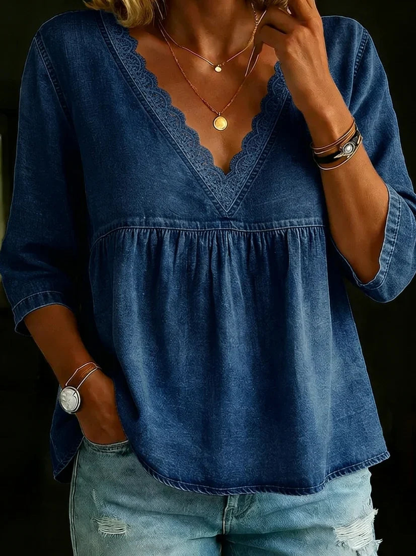3/4 Sleeves Lace Collar Denim Casual Shirt Main image