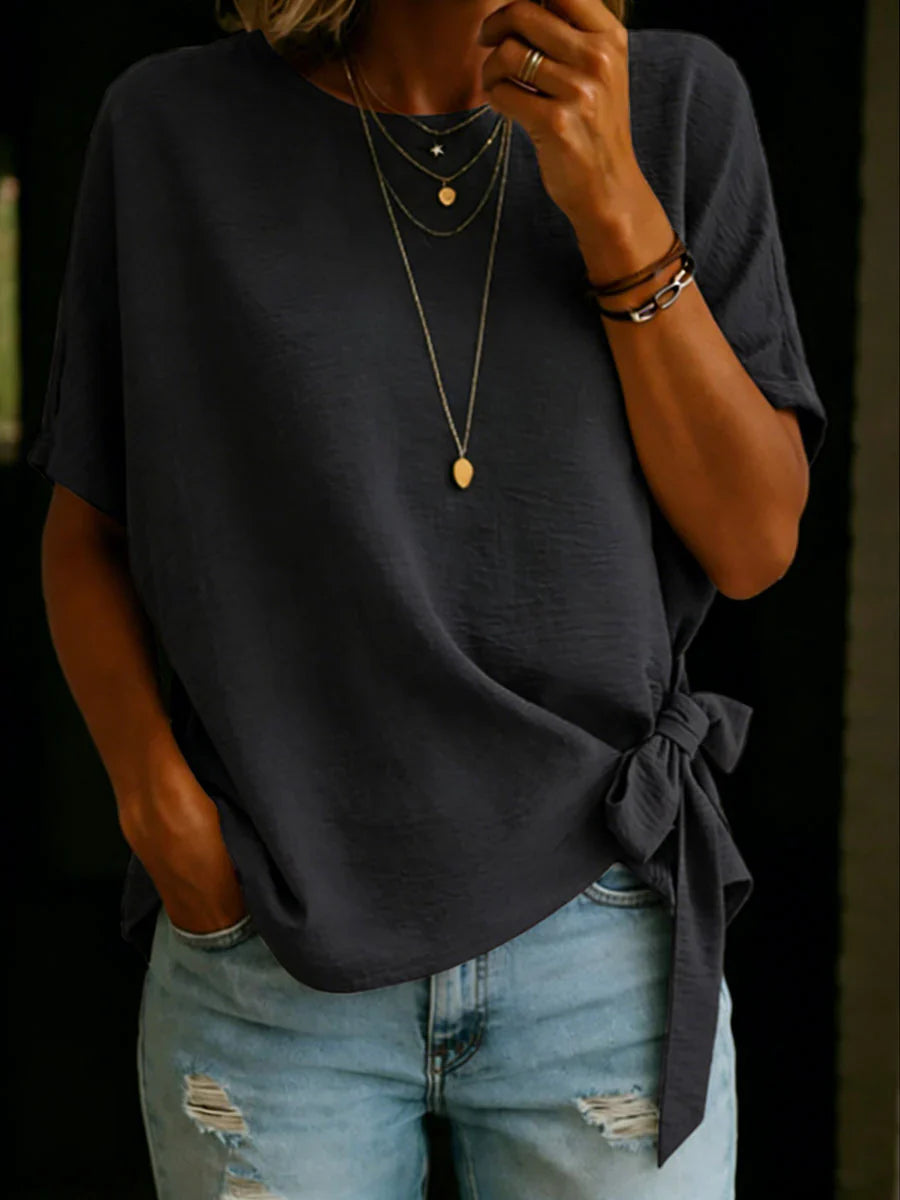 Solid Color Round Neck Short-sleeved Linen Cotton Shirt