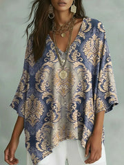 Vintage Floral V-Neck Casual Bat Sleeve Denim Shirt