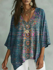 Vintage Floral Art Print Casual Bat Sleeve Denim Shirt