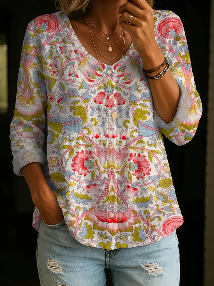Women's Retro Floral Pattern Art Print Casual Cotton Shirt