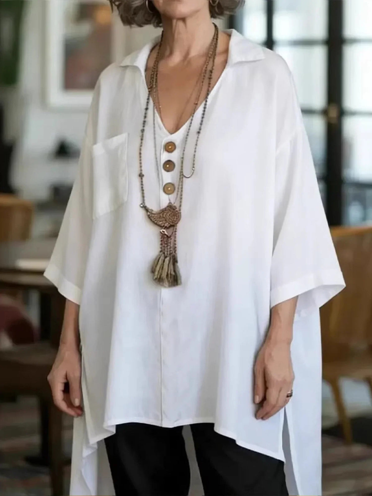 Casual Loose Plain Button Shirt Collar Blouse
