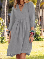 Casual Loose Plain V Neck Mini Dress