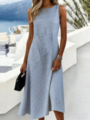 Casual  Striped  Crew Neck Sleeveless  Cotton Midi Fit Dress