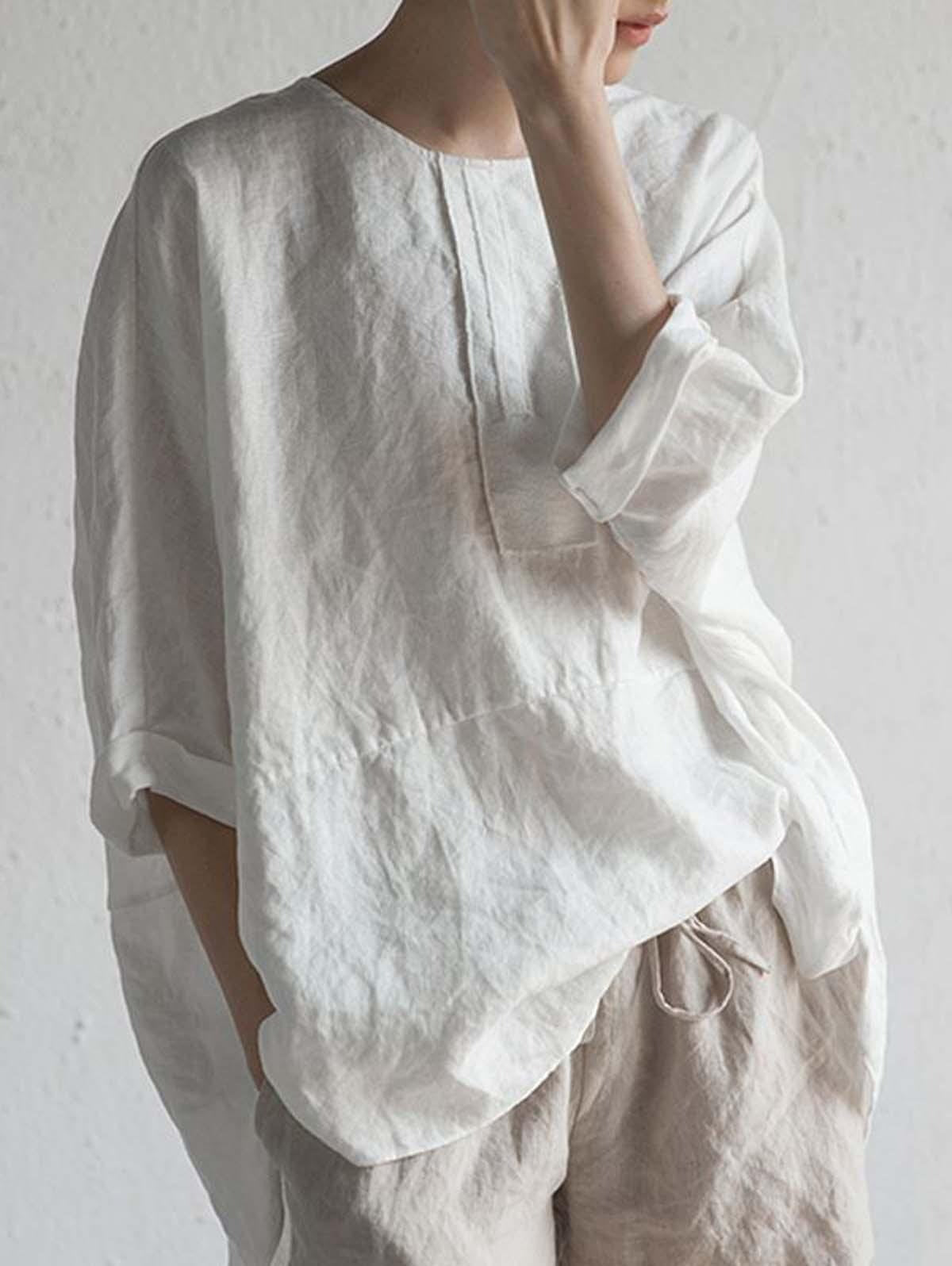 Cotton & Linen Crew Neck Loose Casual Shirt