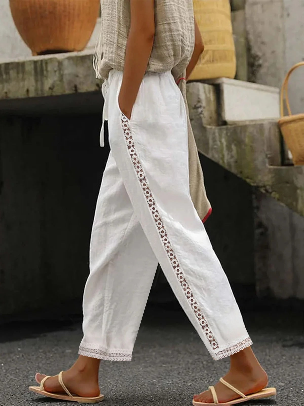 Cotton & Linen Casual Plain Lace-Up Patchwork lace Pants