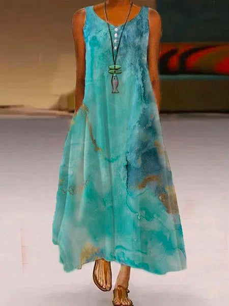 Women's Sleeveless Basic Abstract Printed Crew Neck Maxi Dress