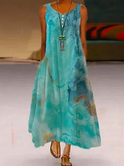 Women's Sleeveless Basic Abstract Printed Crew Neck Maxi Dress