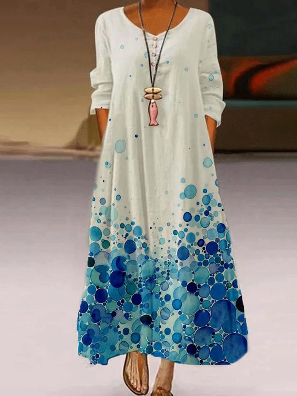 A-Line Floral Print V Neck Long Sleeve Maxi Dress Main image